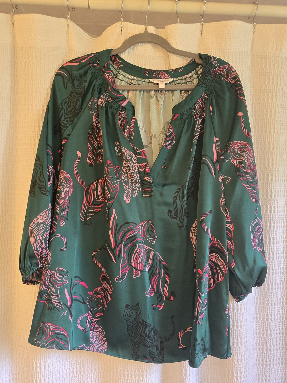 crown & ivy Green Blouse with Pink Tiger Print